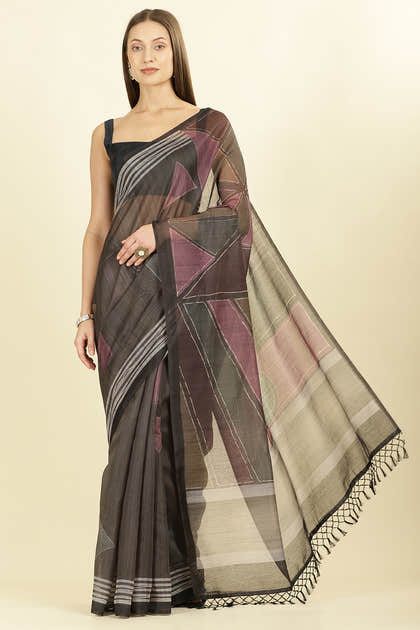 Black Organza Cotton Printed Saree