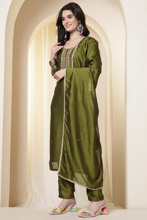 Sage Green Chinone Silk Neck-Embroidered Suit Set