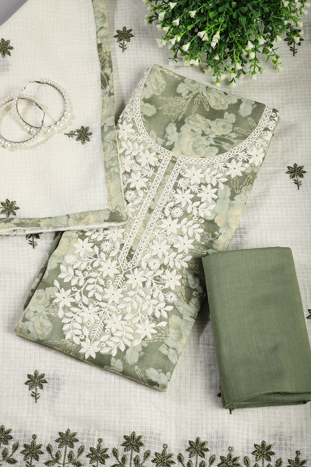 Light Green Color Twill Cotton Printed Chikankari Unstitched Suit Material