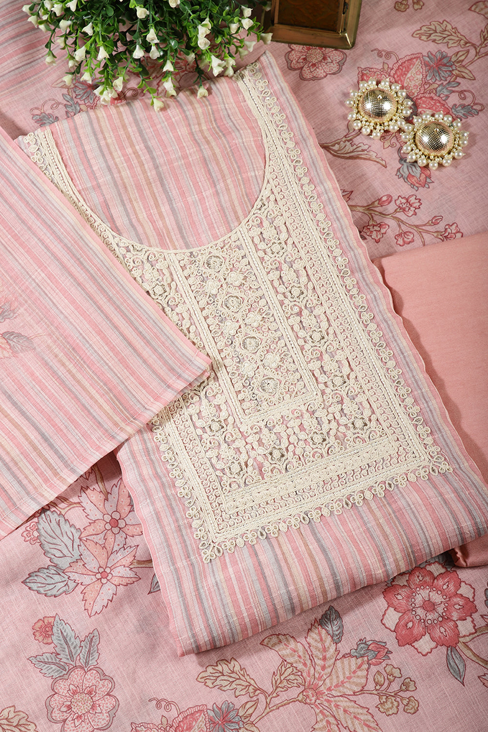 Pink Color Linen Cotton Embroidery Unstitched Suit Material