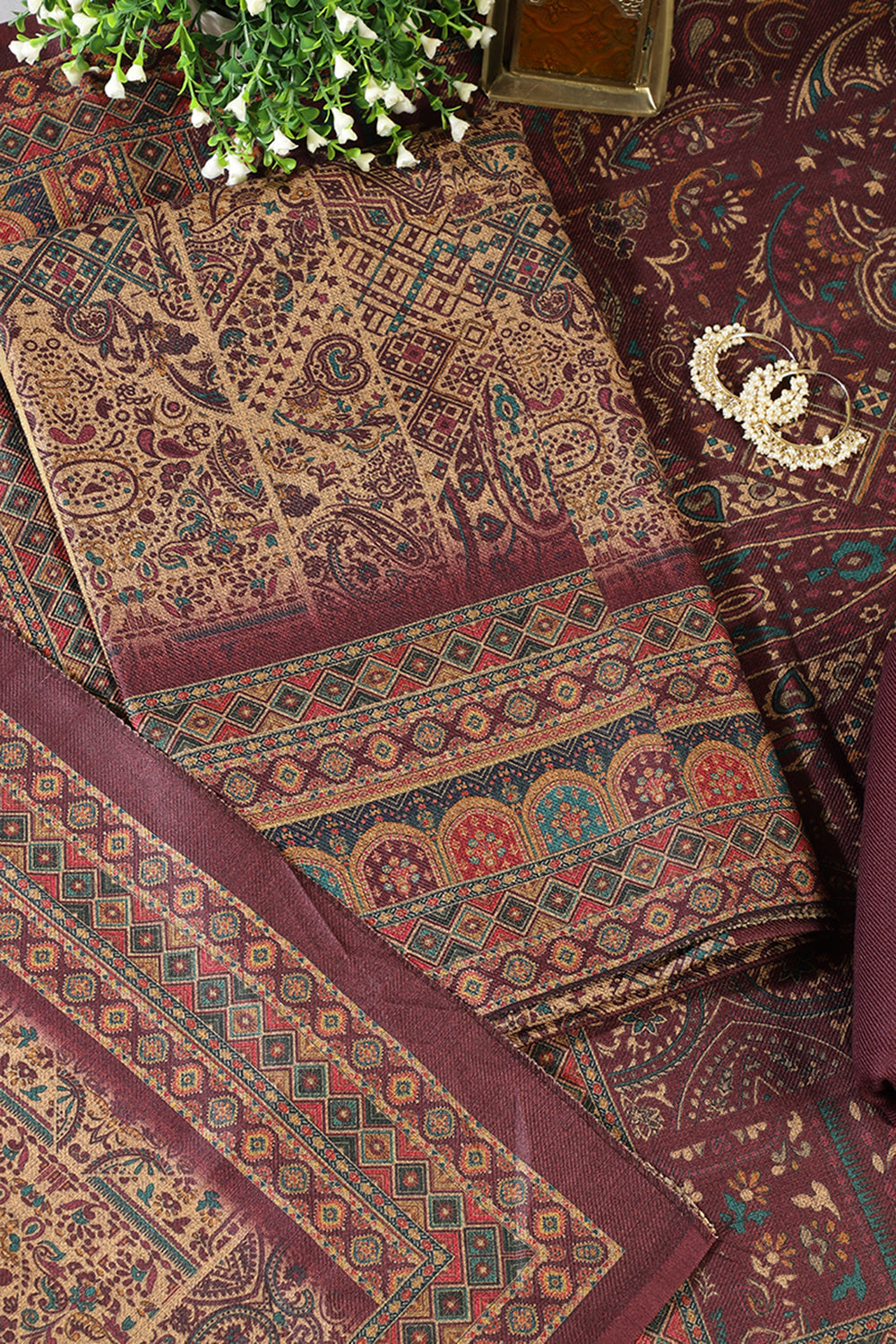 Wine Pashmina Digital Printed Unstitched Suit Material