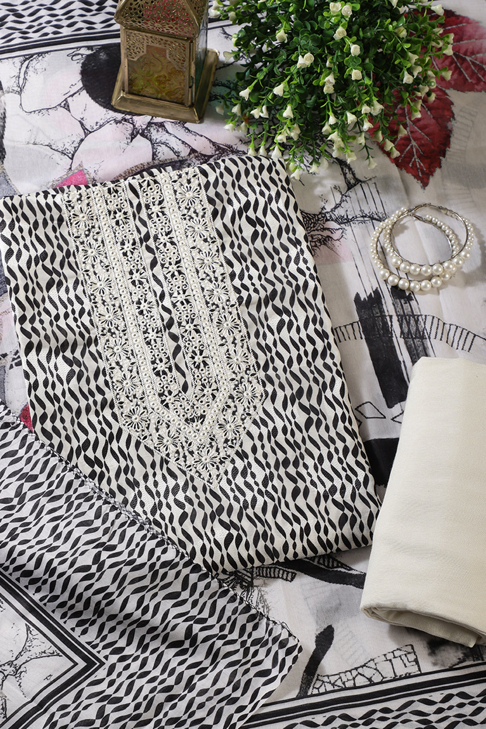 White & Black Rayon Cotton Printed & Neck Embroidered Unstitched Suit
