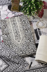 White & Black Rayon Cotton Printed & Neck Embroidered Unstitched Suit