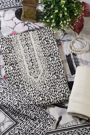 White & Black Rayon Cotton Printed & Neck Embroidered Unstitched Suit