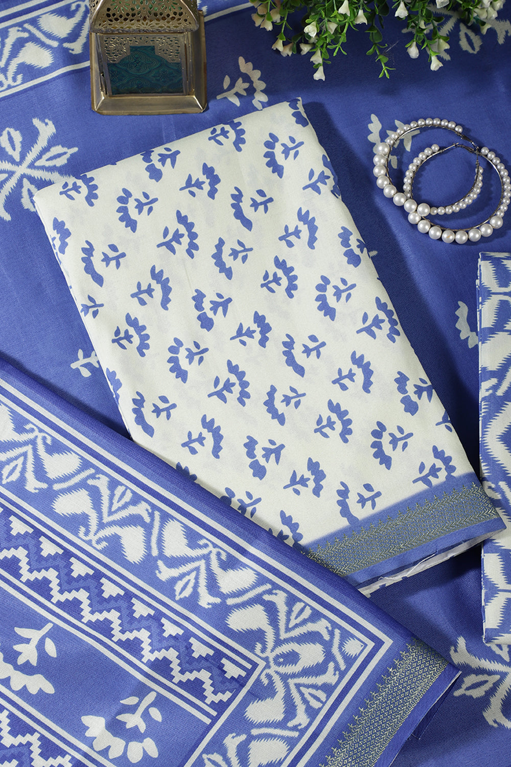 Blue Floral Block Print Cotton Unstitched Suit Fabric