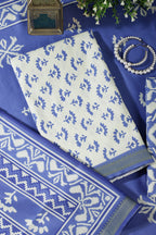 Blue Floral Block Print Cotton Unstitched Suit Fabric
