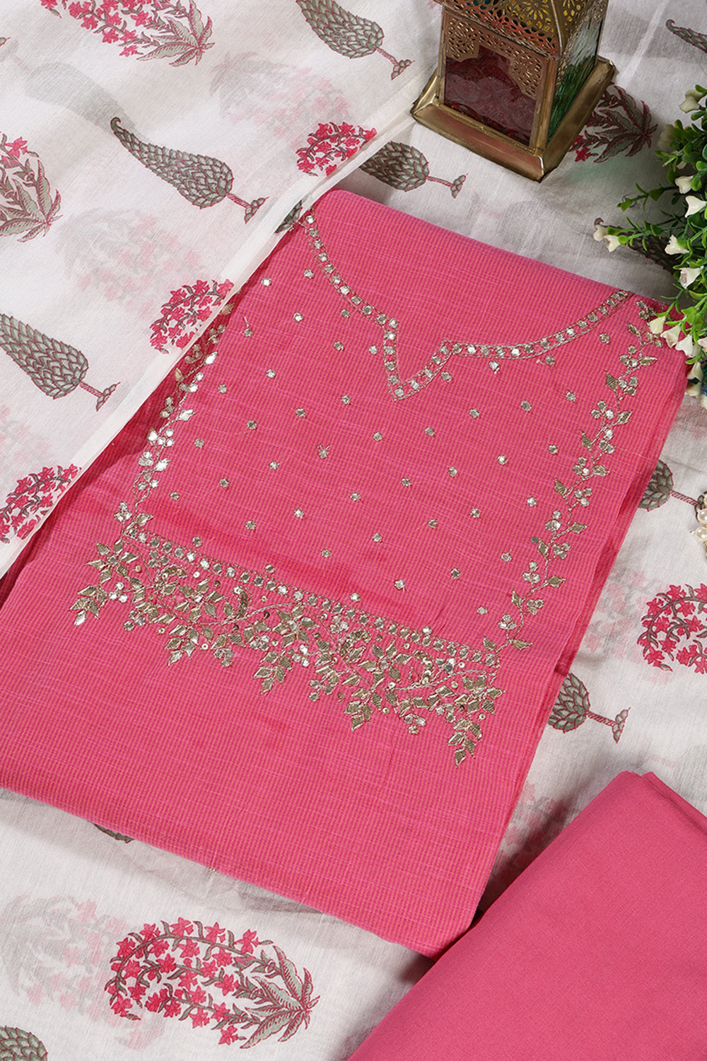 Pink Cotton Gota Patti and Zari Work Unstitched Suit Material