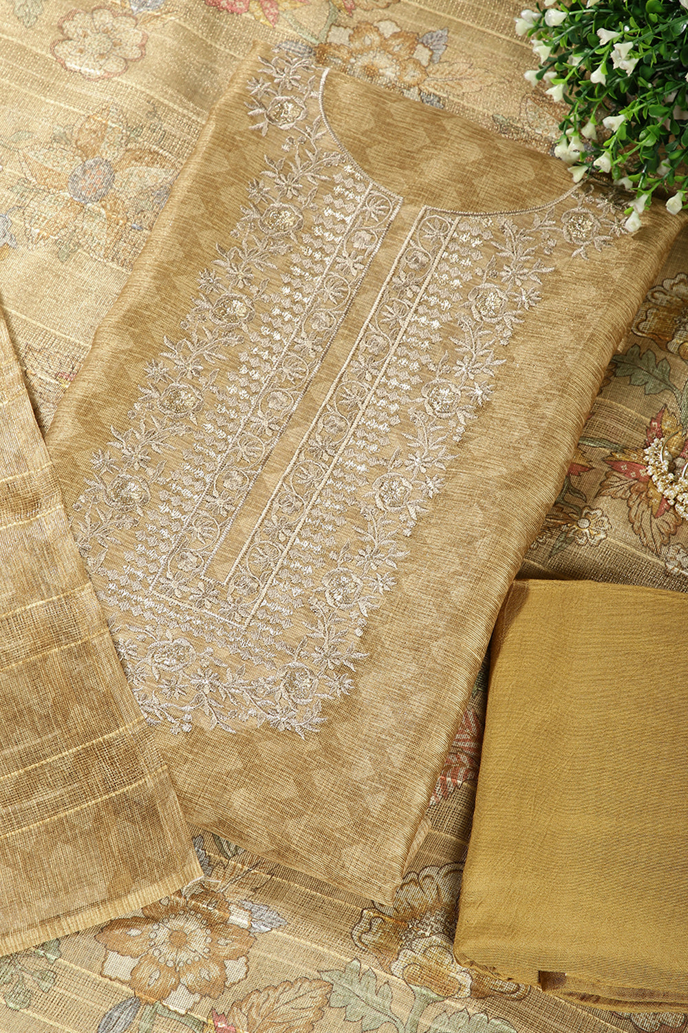 Golden Color Mantellic Tissue Neck Embroidered Unstitched Suit Fabric