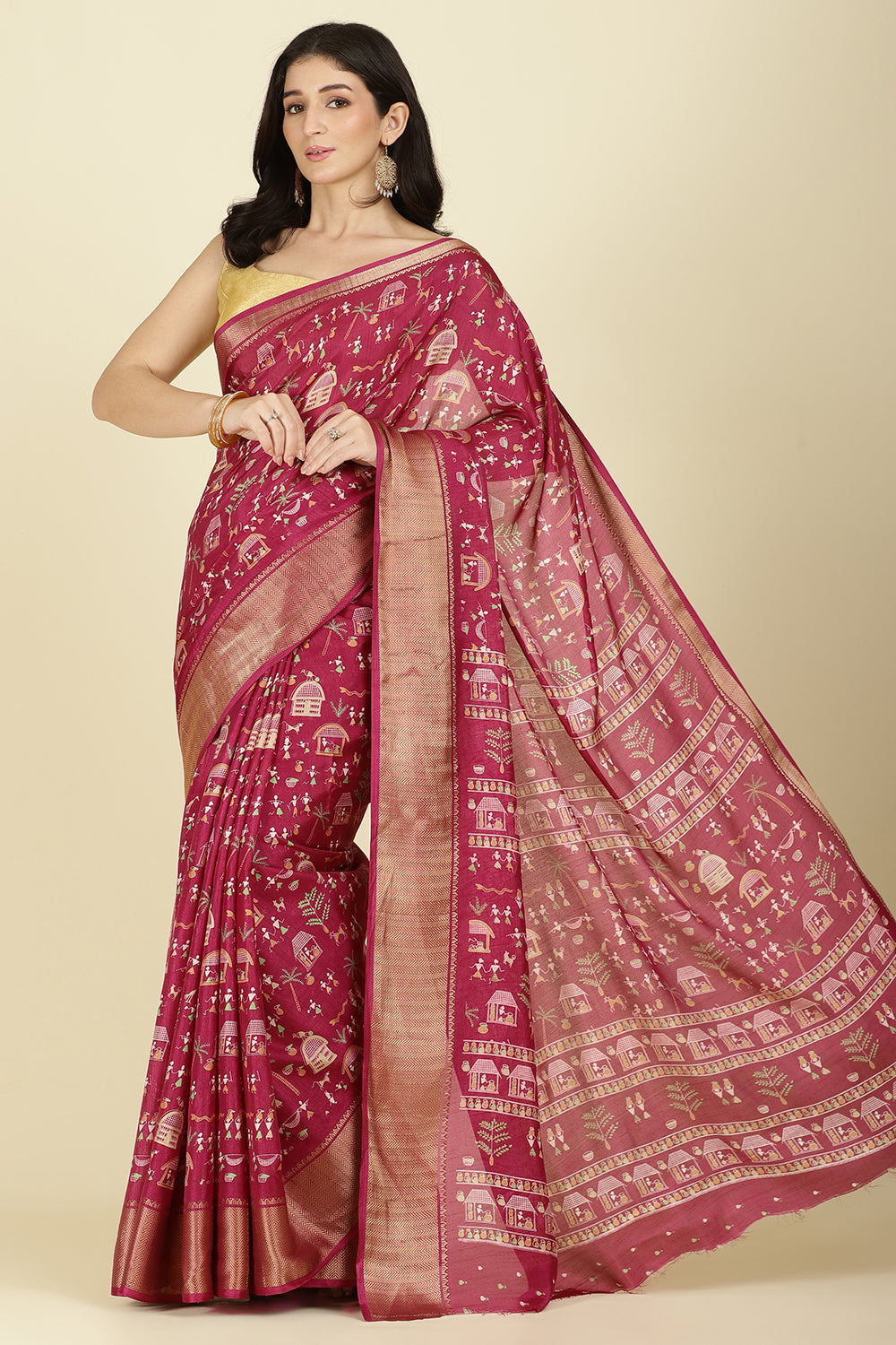 Dark Magenta Cotton Silk Printed Saree