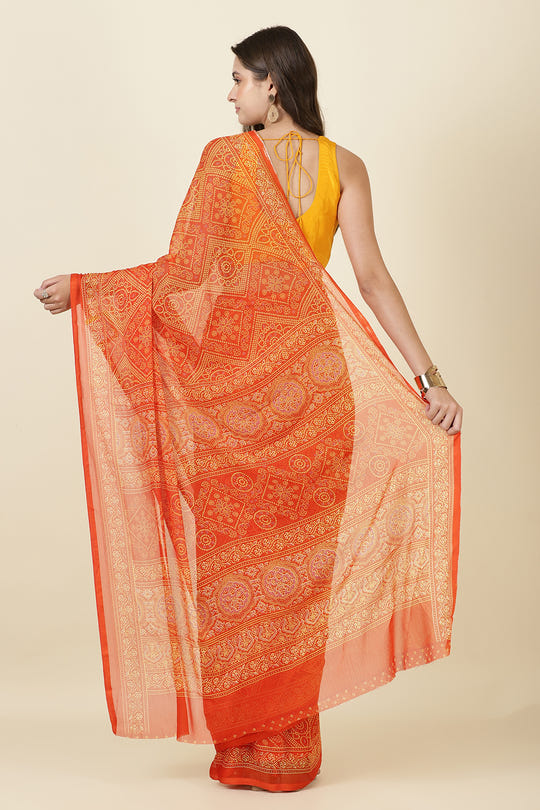 Orange Georgette Bandhani Printed Saree