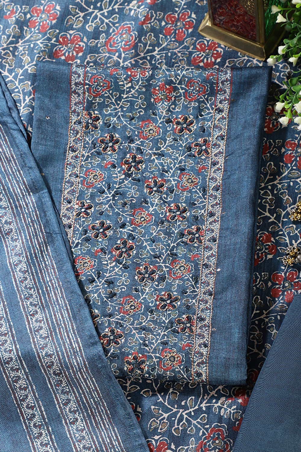 Pacific Blue Chanderi Silk Mirror & Resham worked Unstitched Suit