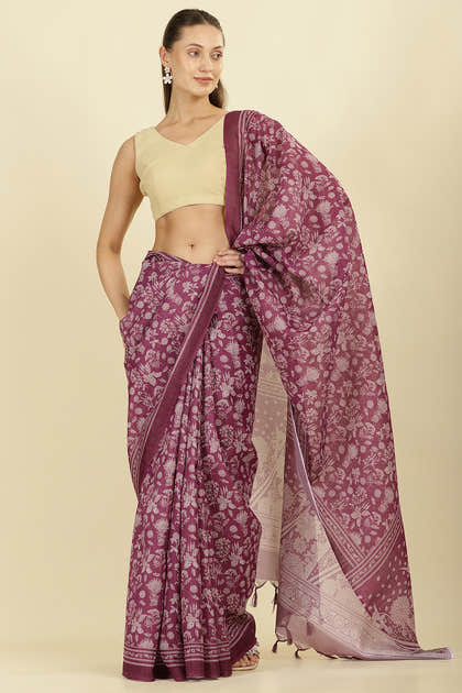 Purple Kota Cotton Floral Jaal Printed Saree
