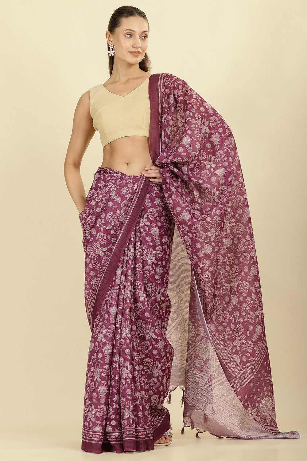 Purple Kota Cotton Floral Jaal Printed Saree