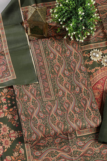 Green Color Pashmina Digital Printed Unstitched Suit Material