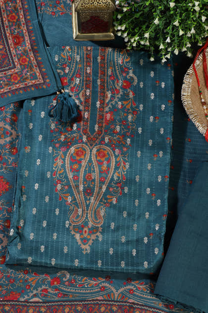 Blue Zari Woven And Printed Silk Unstitched Suit Material