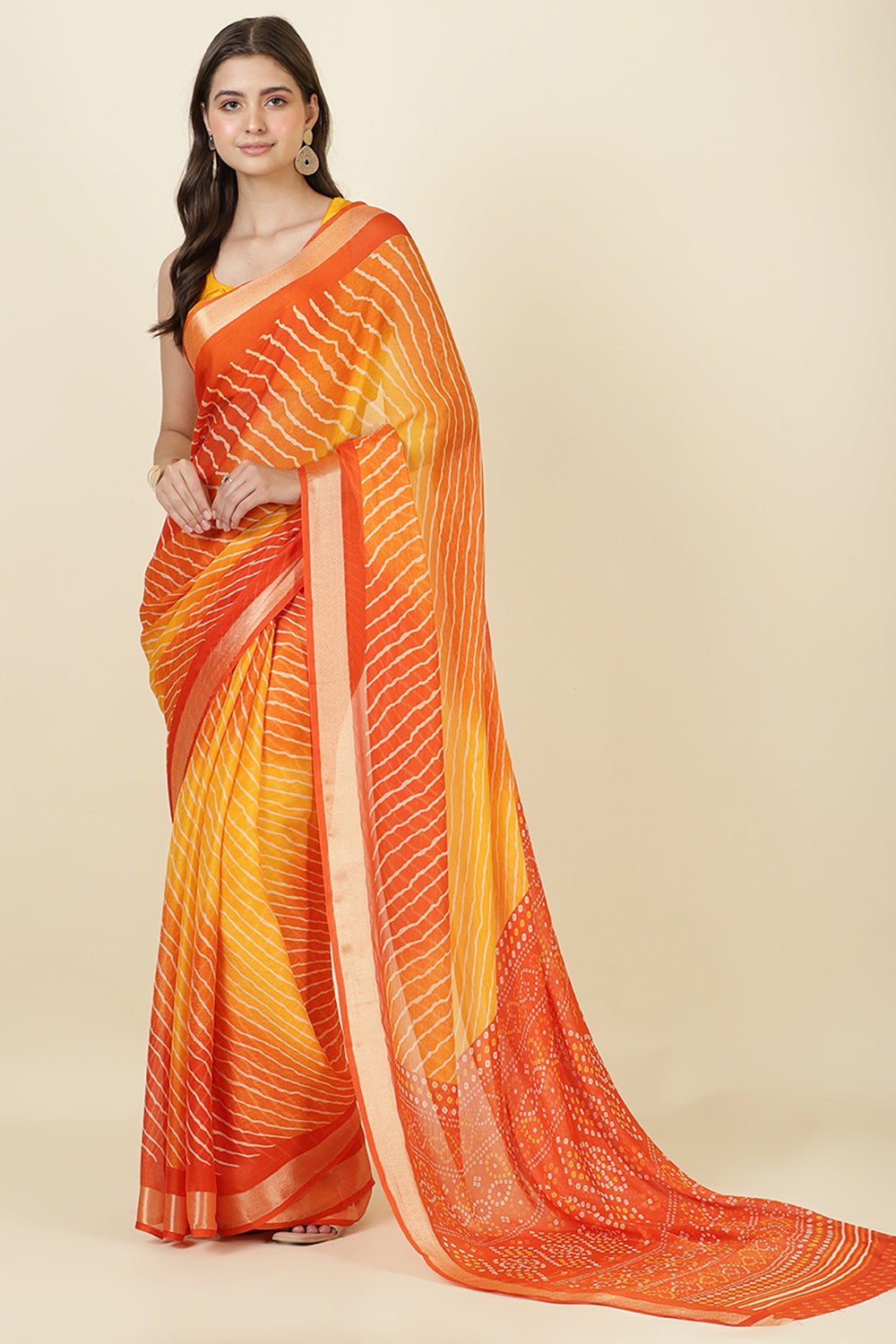 Orange Georgette Leheriya Printed Saree