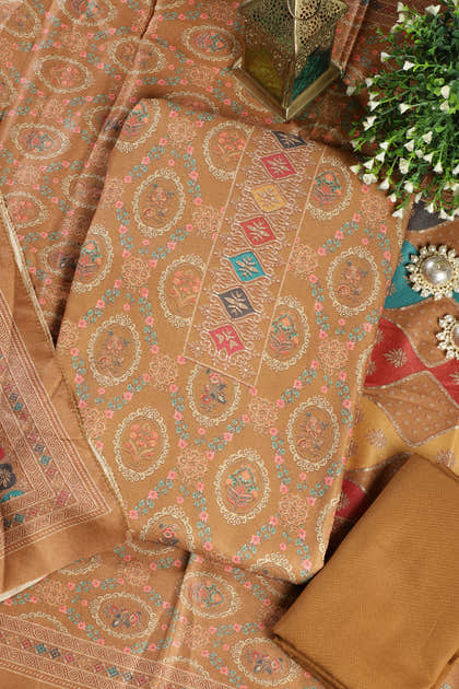 Mustard Pashmina Digital Printed Unstitched Suit Material