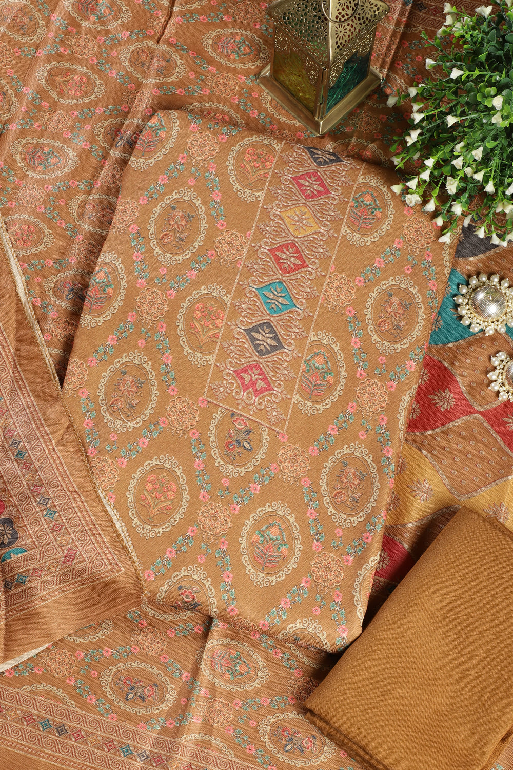 Mustard Pashmina Digital Printed Unstitched Suit Material