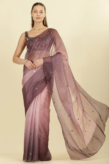 Ombre Dusty Rose Organza Saree With Mirror Work