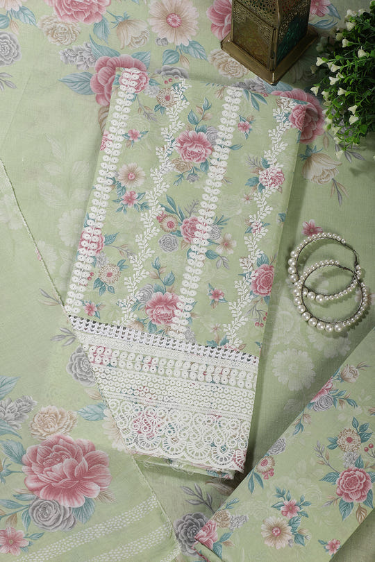 Green Color Cotton Flower Printed and Lace Work Unstitched Suit Fabric