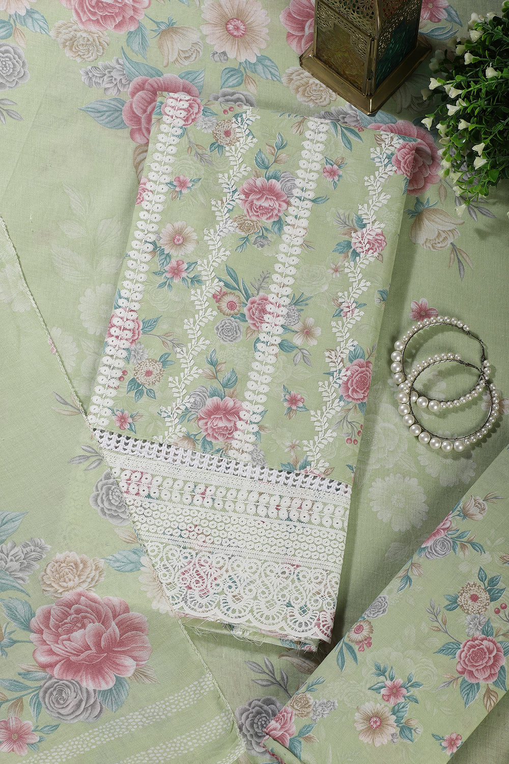 Green Color Cotton Flower Printed and Lace Work Unstitched Suit Fabric