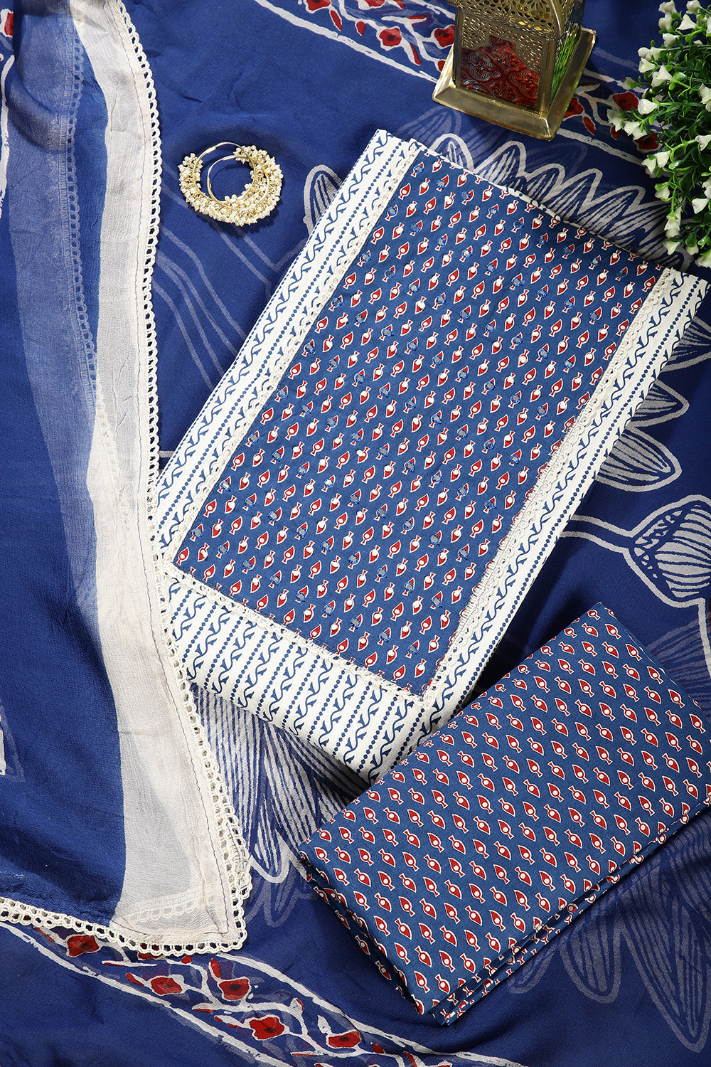 Navy Color Cotton Printed Unstitched Suit Material