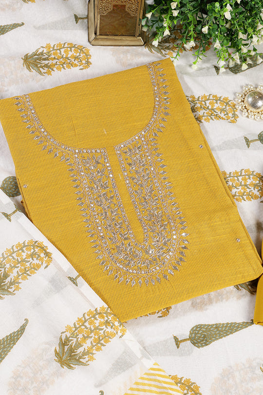 Mustard Cotton Gota Patti and Zari Work Unstitched Suit Material
