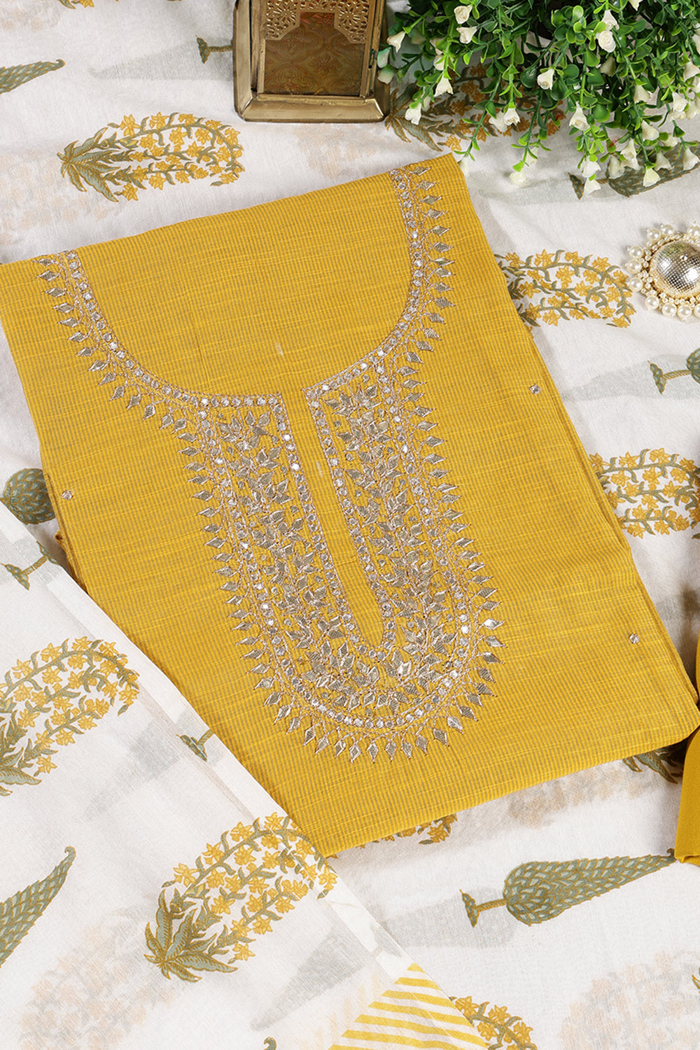 Mustard Cotton Gota Patti and Zari Work Unstitched Suit Material