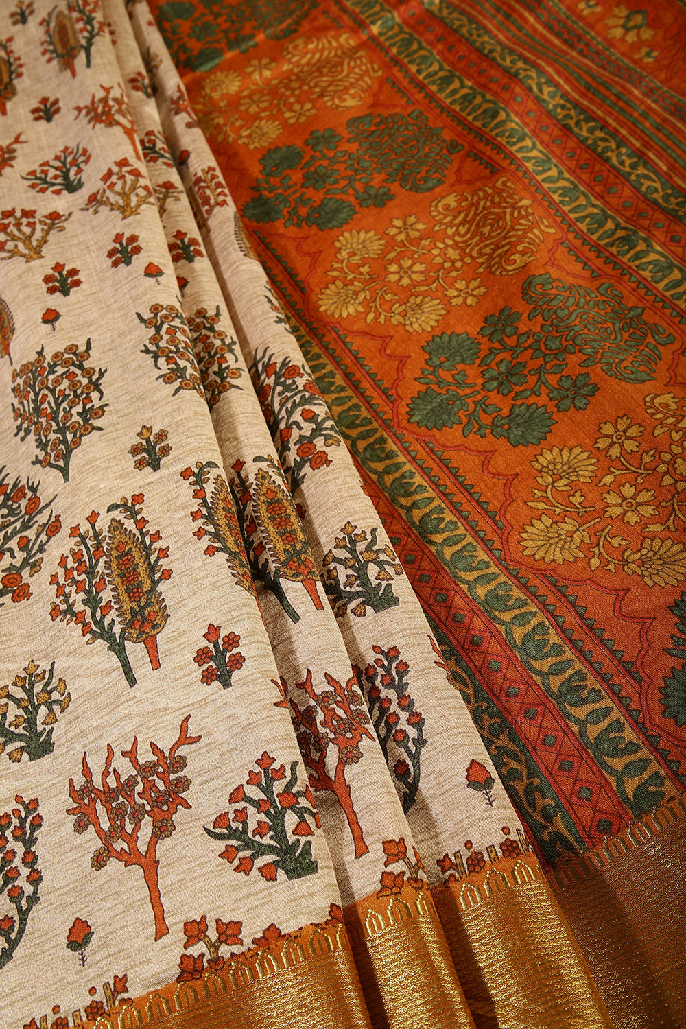 Beige & Orange Color Tree-Like Structures Printed Tussar Silk Saree