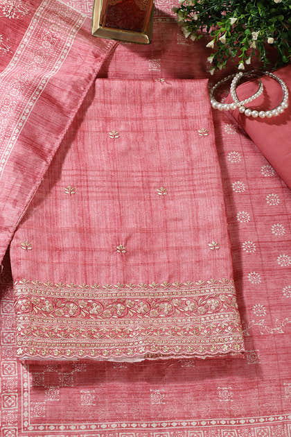 Coral Pink Tussar Silk Embroidered Unstitched Suit Material