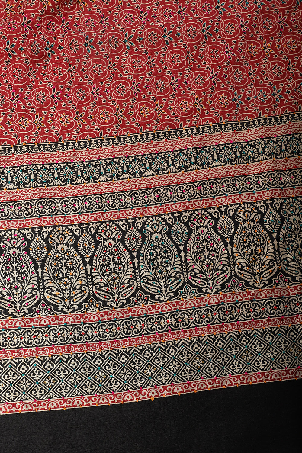 Maroon Silk Printed And Hand-Knot Work Saree