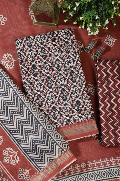 Black Cotton Ajrakh Block Print Unstitched Suit Material