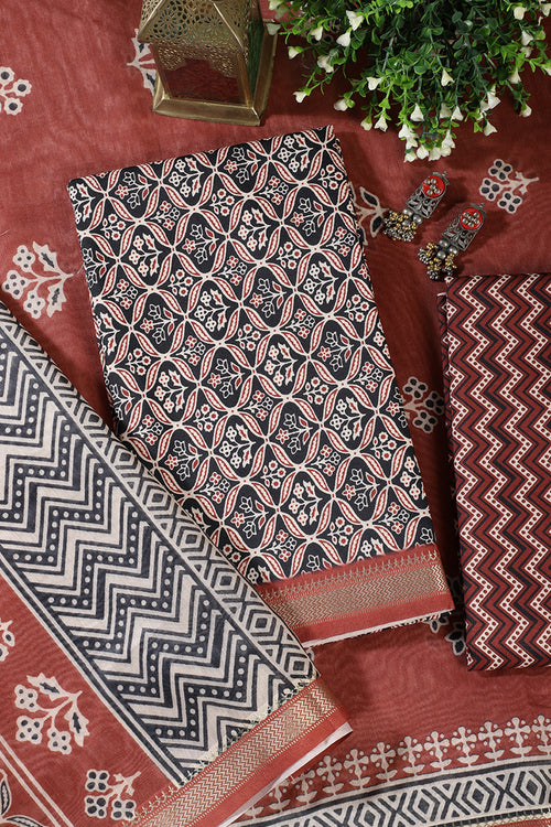 Black Cotton Ajrakh Block Print Unstitched Suit Material