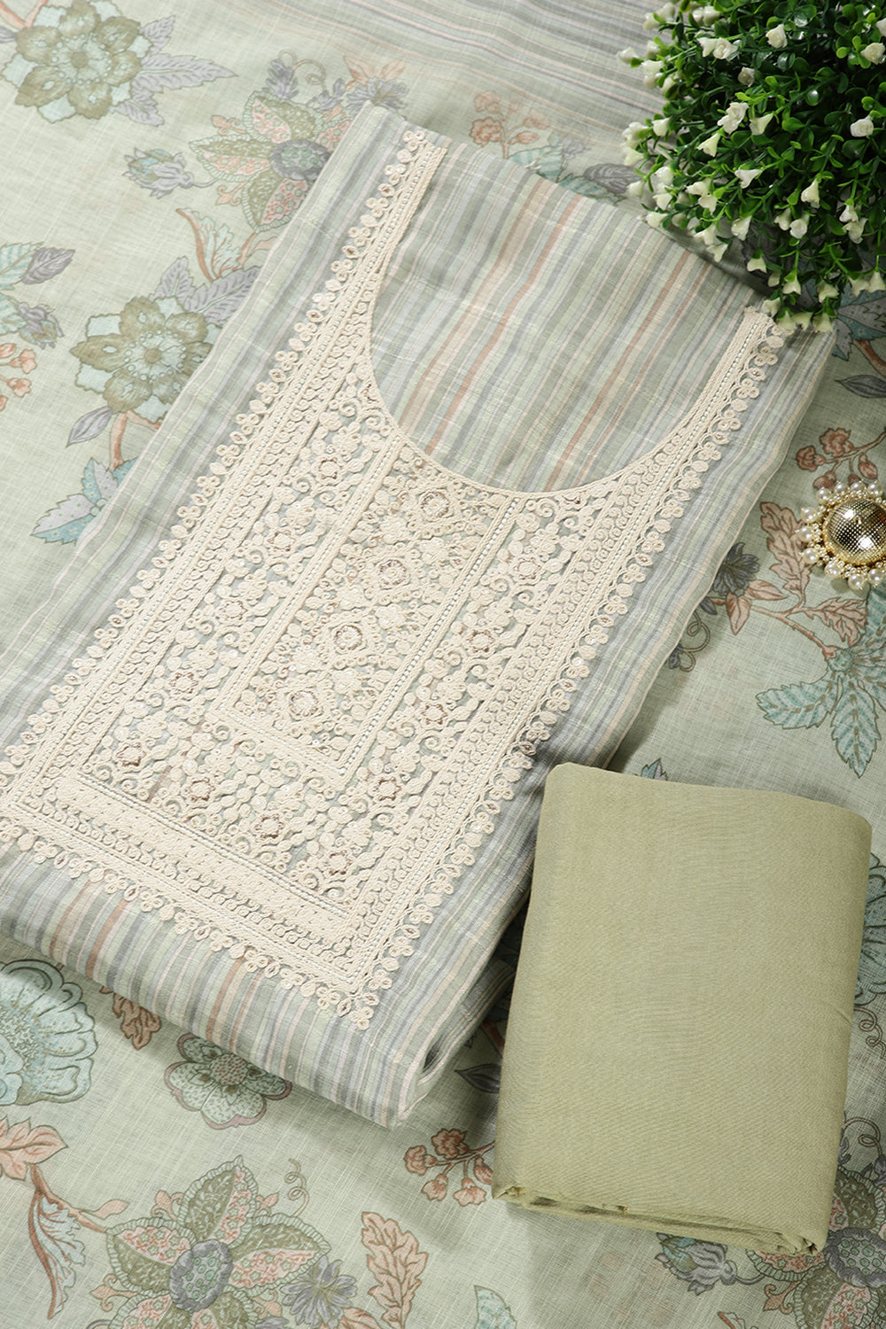 Sea Green Color Linen Cotton Embroidery Unstitched Suit Material