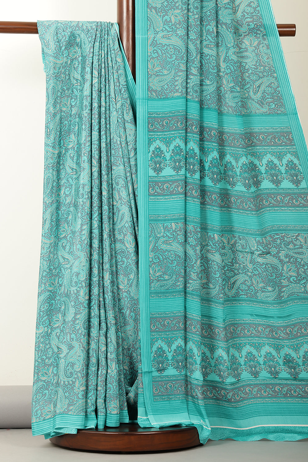 Turquoise & Grey Floral Printed Crepe Saree
