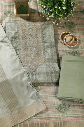 Olive Green Tussar Silk Neck Zari Embroidered & Printed Unstitched Suit Fabric