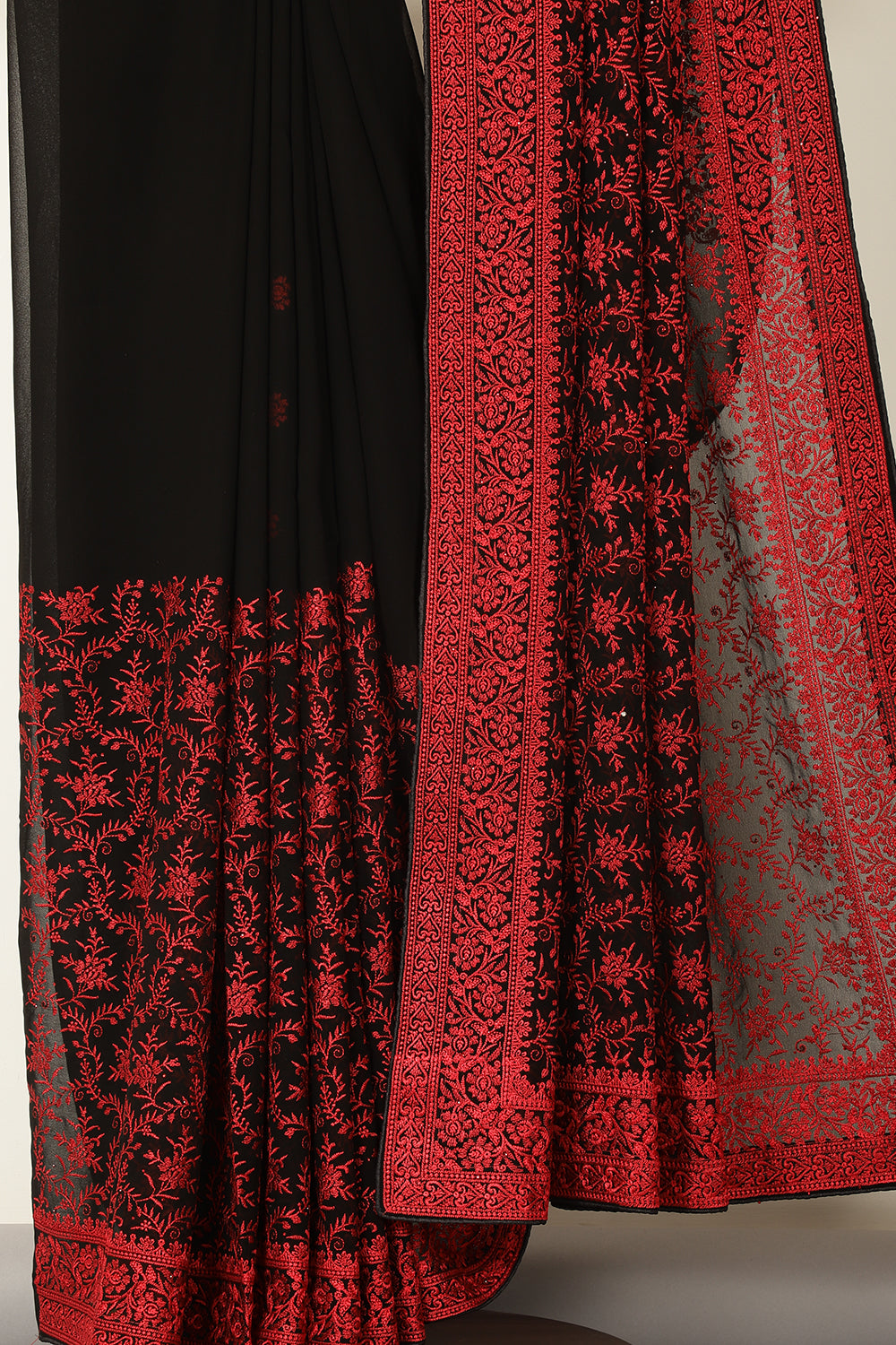 Black & Red Georgette Resham Floral Jal Woven And Swarovski Work Saree
