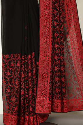 Black & Red Georgette Resham Floral Jal Woven And Swarovski Work Saree