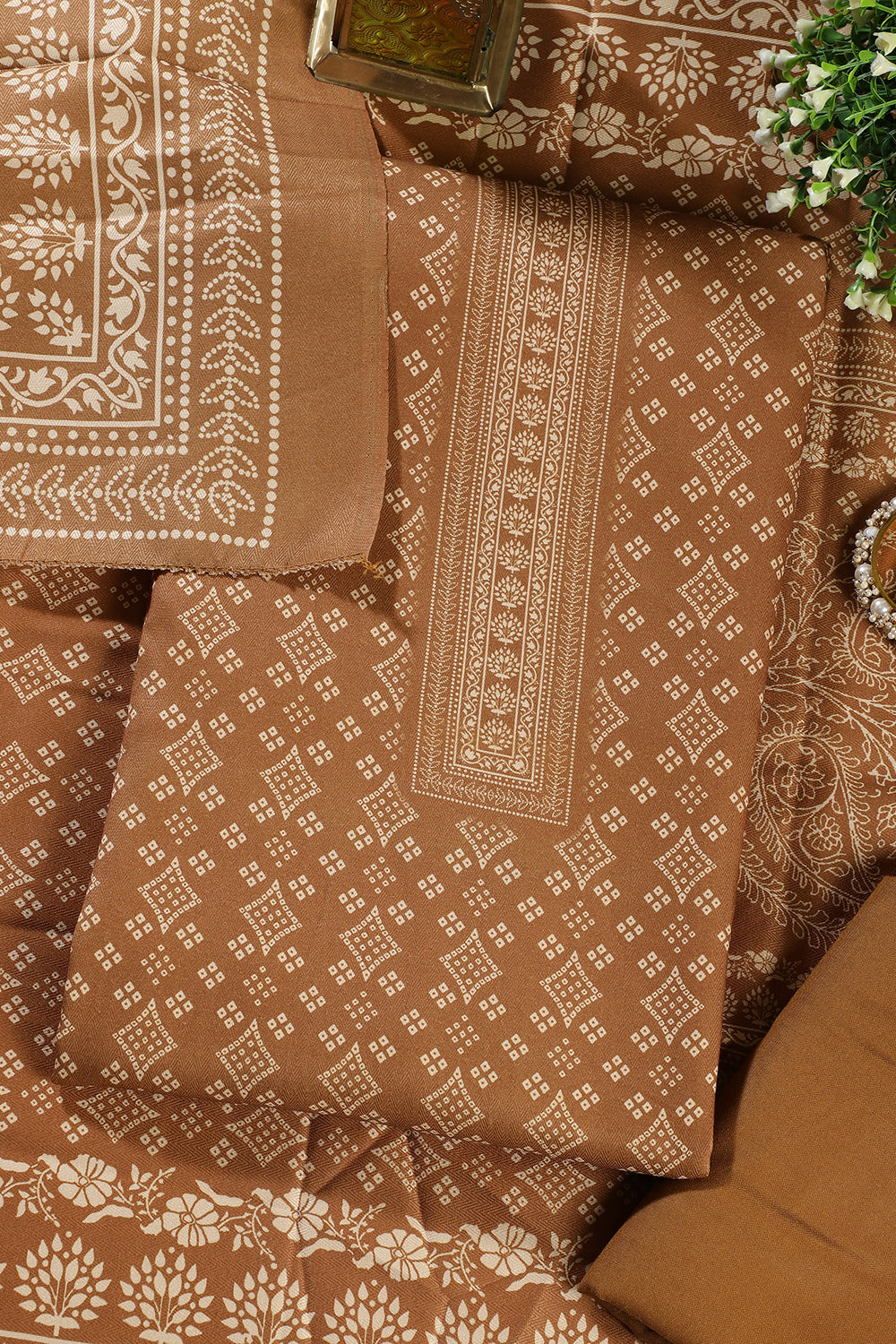 Mustard Printed Pashmina Unstitched Suit Fabric