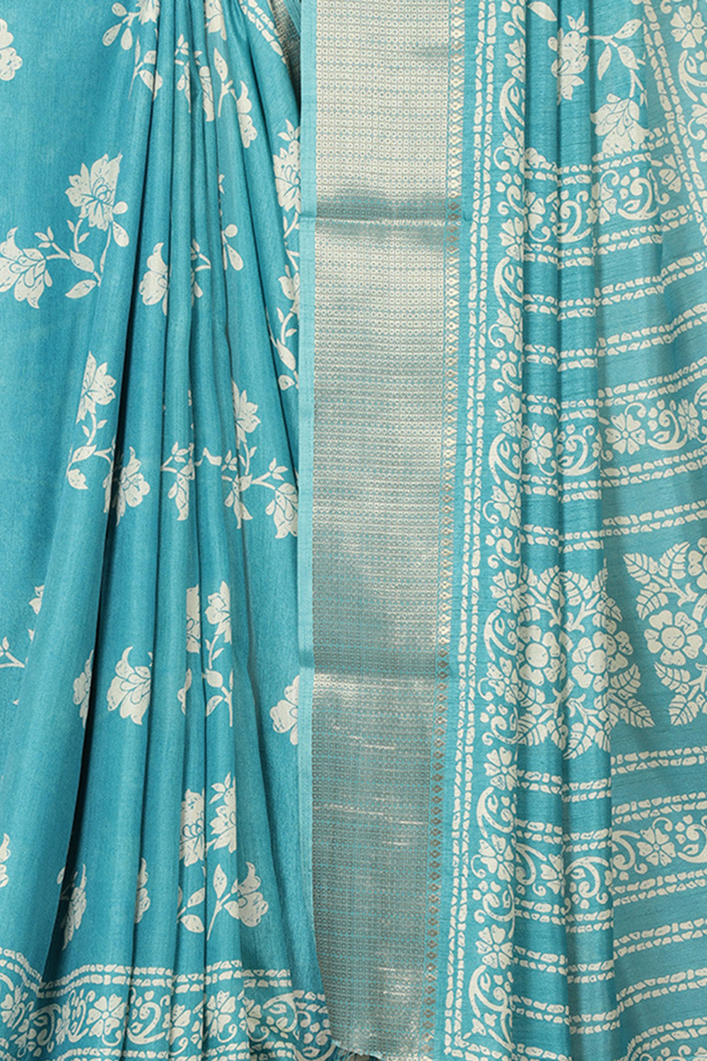 Turquoise Cotton Silk Block Printed Saree