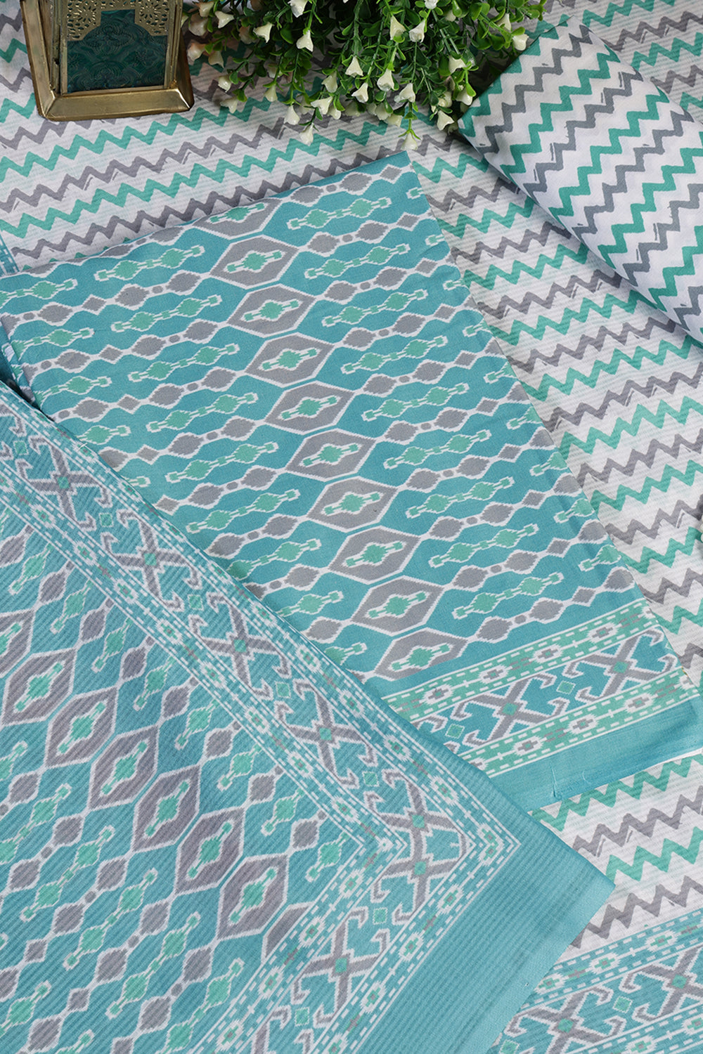 Turquoise Malmal Cotton Printed Unstitched Suit Material