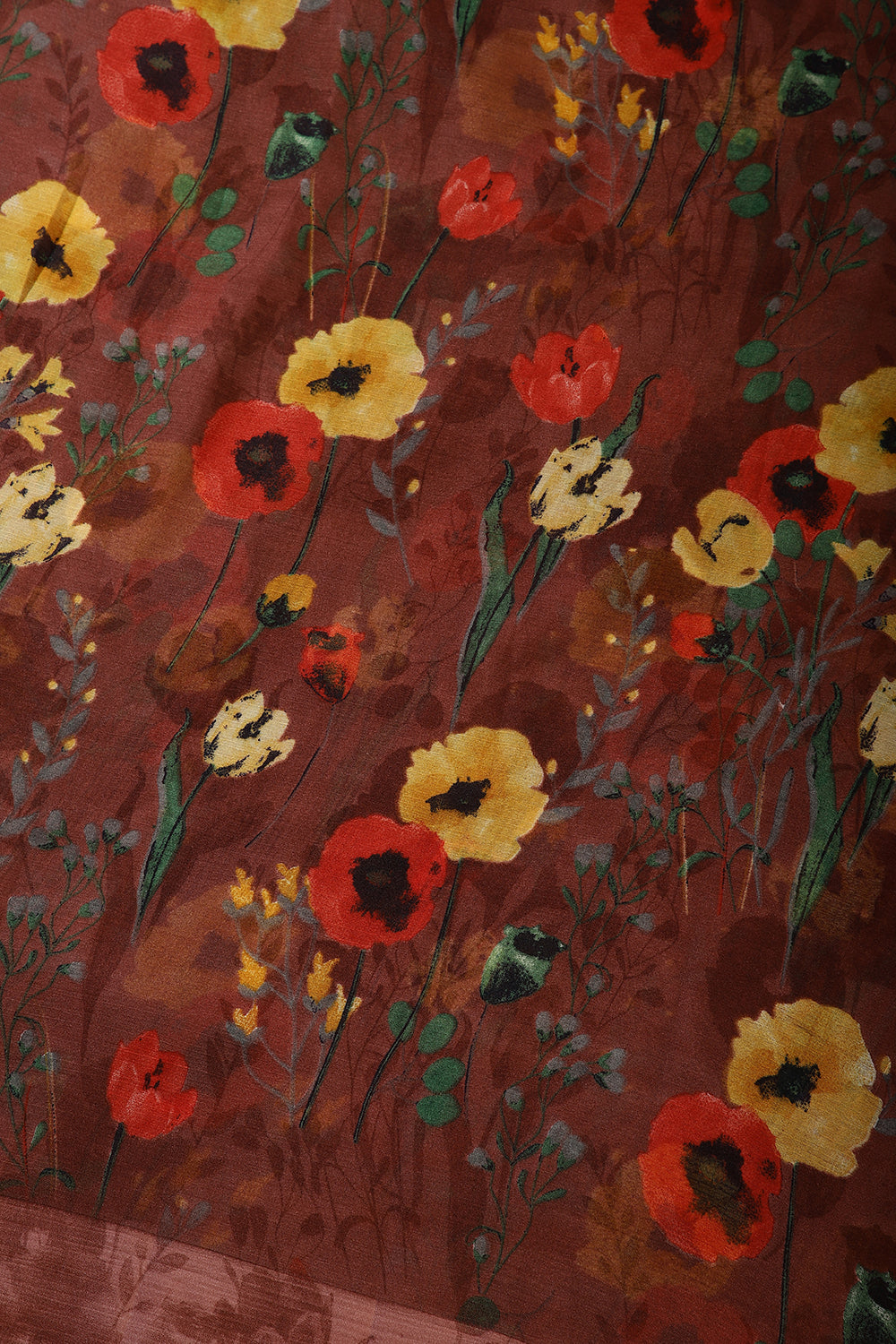 Brown Color Floral Printed Chiffon Saree