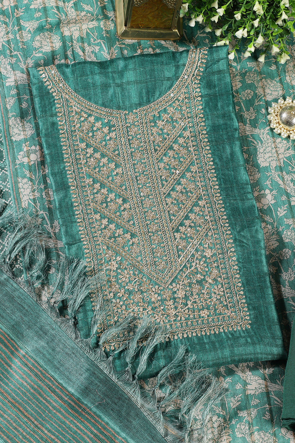 Green Tussar Silk Neck Zari Embroidered Unstitched Suit