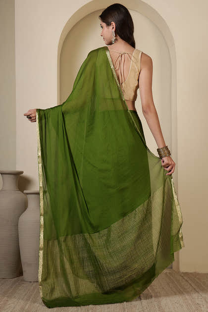 Green Chiffon Zari Border Saree