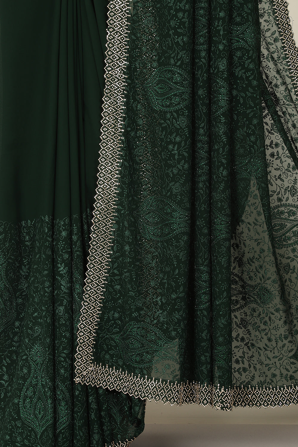 Bottle Green Georgette Resham Floral Jal Woven And Swarovski Work Saree