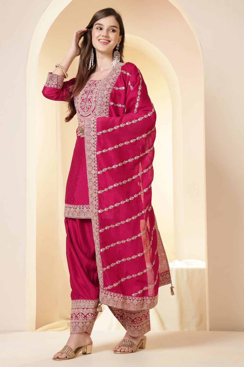 Rani Zari Embroidered Silk Suit With Farsi Salwar