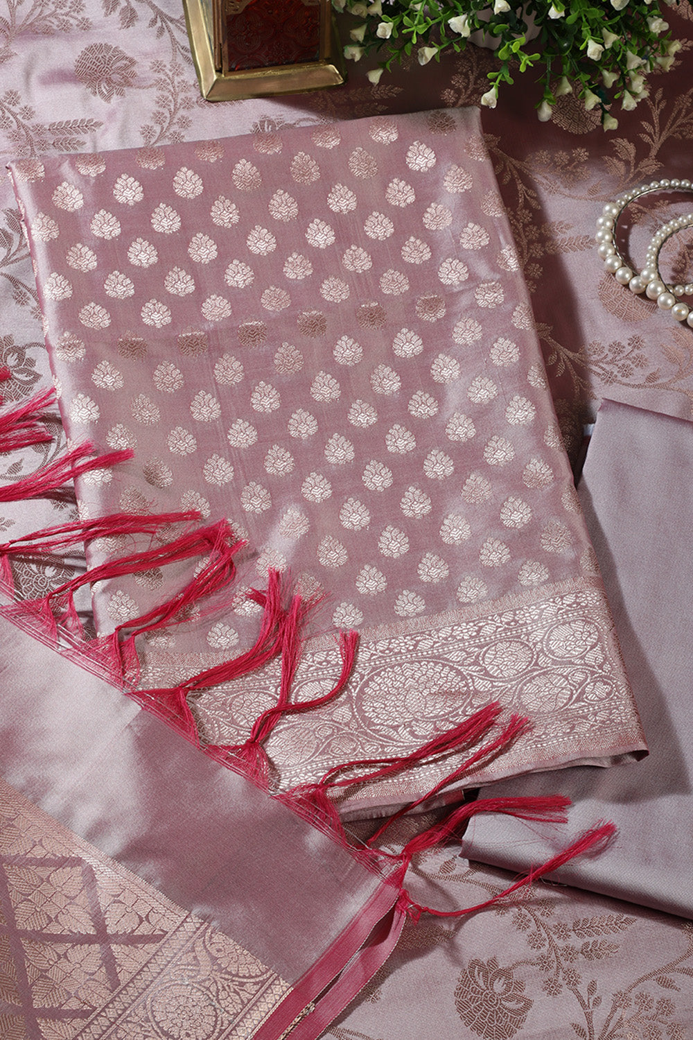 Light Mauve Silk Buta Motifs Woven Unstitched Suit Fabric