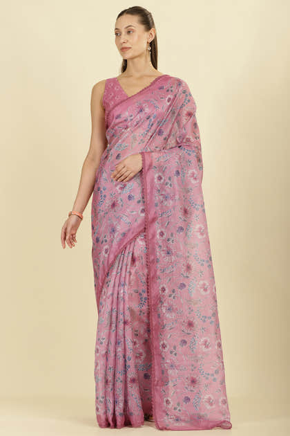 Muted Pink Organza Floral Printed And Lace Work Saree