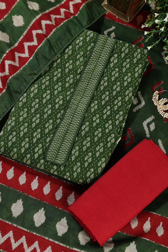 Green Ikkat Cotton Printed Unstitched Suit Material