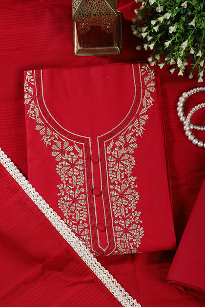 Cardinal Red Cotton Resham Embroidered Unstitched Suit